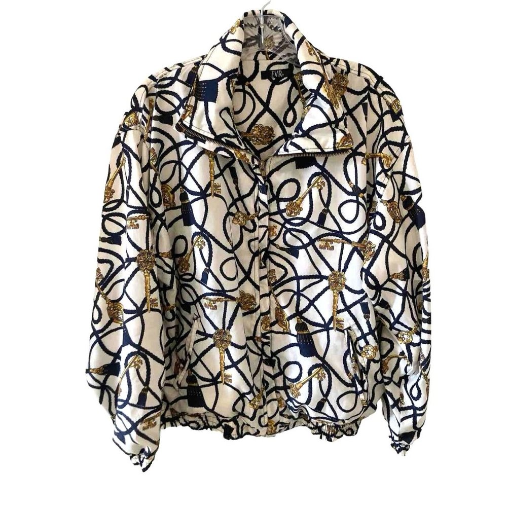 Vintage EVR 80s/90s Keys Tassels Zip Bomber Jacket Black Gold White Women Medium